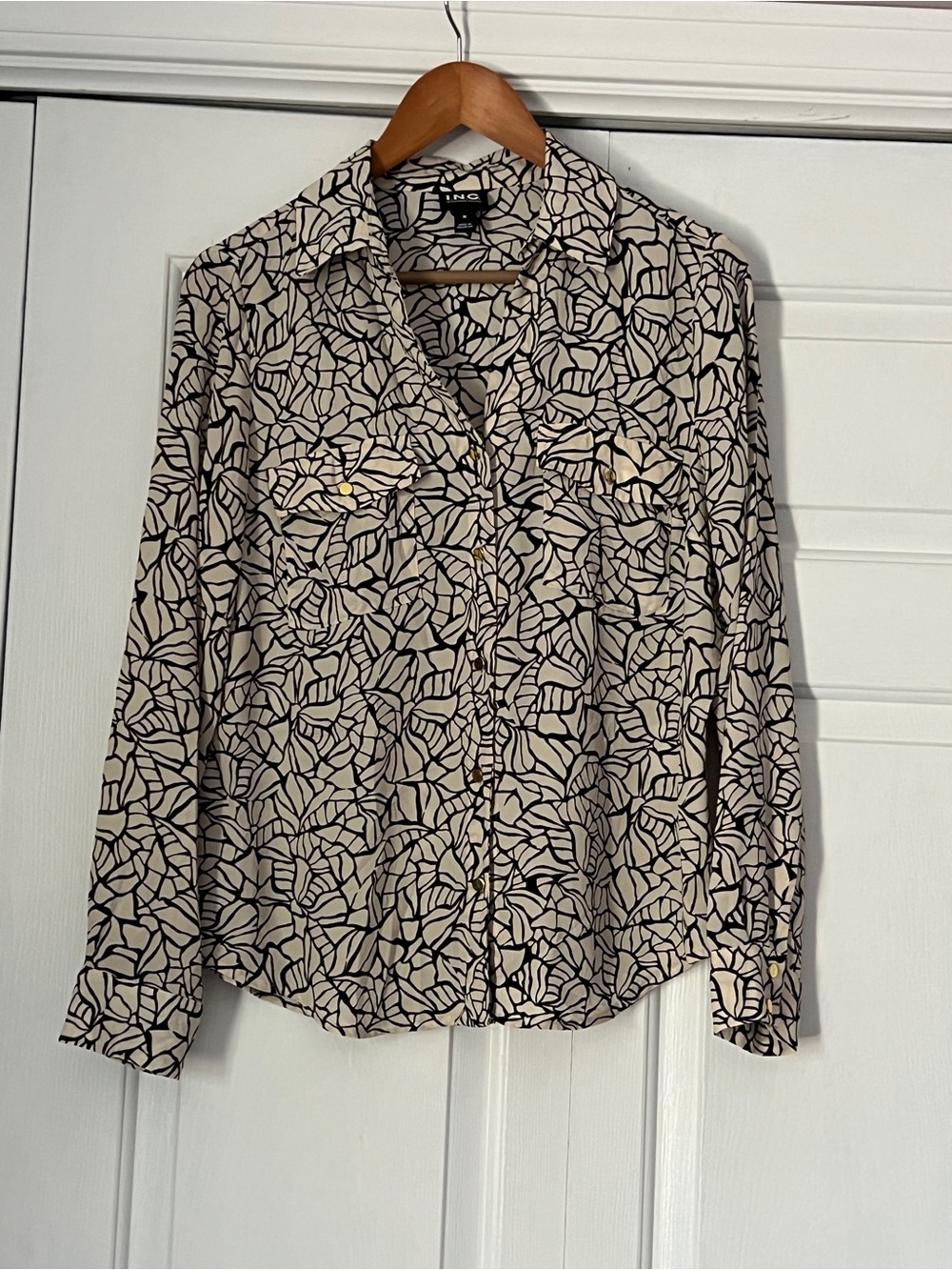 INC International Concepts Cream and Black Leaf Print Button-Up Blouse